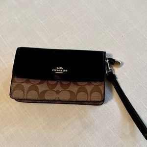 Coach Wristlet Leather and Logo Canvas with Zipper Pocket